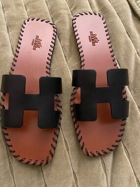 Hermes Brown Leather Sandals with Black H-Strap